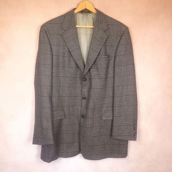 Hart Schaffner Marx Brown Wool Plaid 3 Button Blazer Jacket size 42L